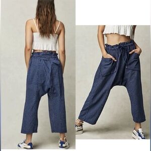 FREE PEOPLE Runyon Oversized Harem Striped Blue Pant Drawstring XS